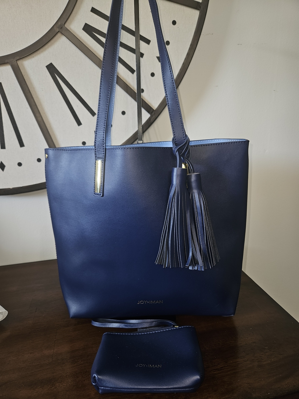 Joy & Iman Navy Tote with Tassel and Matching Pouch